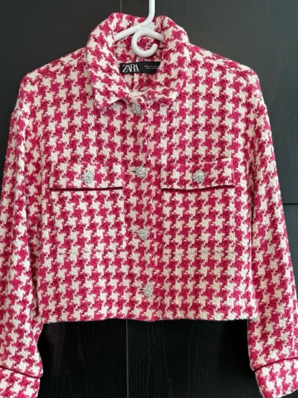 Zara Raspberry & White Houndstooth Cropped Jacket - Picture 2 of 5